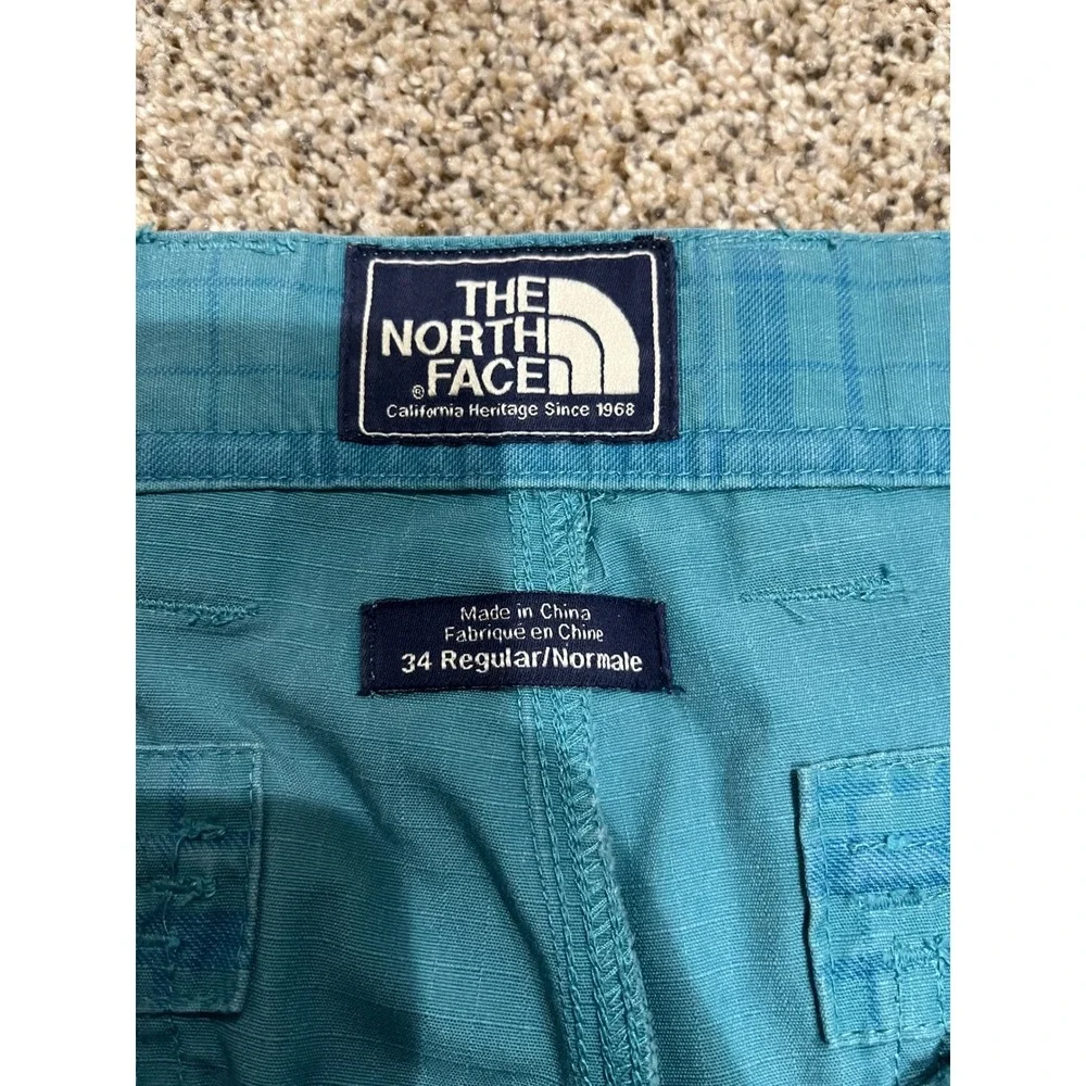 The North Face Mens Cargo Shorts Teal Blue Plaid Ripstop Hiking Size 34 Regular